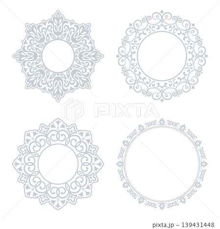 Set of decorative frames Elegant vector element for design in Eastern style, place for text. Floral gray and white frames. Lace illustration for invitations and greeting cards 139431448