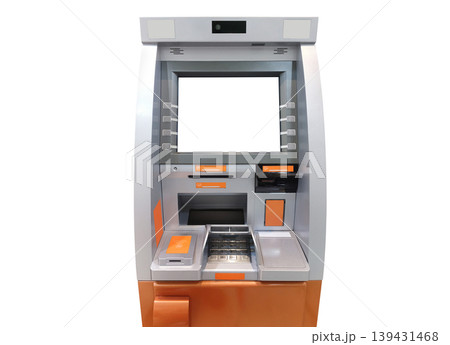 The front view of a silver and orange ATM is shown separately against a white background. The front view of a silver and orange ATM is shown separately against a white background. 139431468