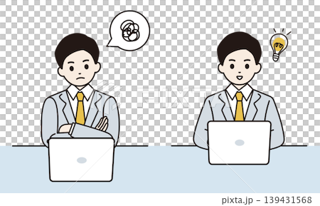 パソコンの前で悩むビジネスマンと、解決策をひらめいたビジネスマンのイラスト パソコンの前で悩むビジネスマンと、解決策をひらめいたビジネスマンのイラスト 139431568