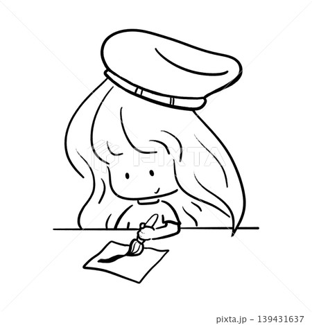 Cute girl wearing beret painting on paper cartoon outline illustration 139431637
