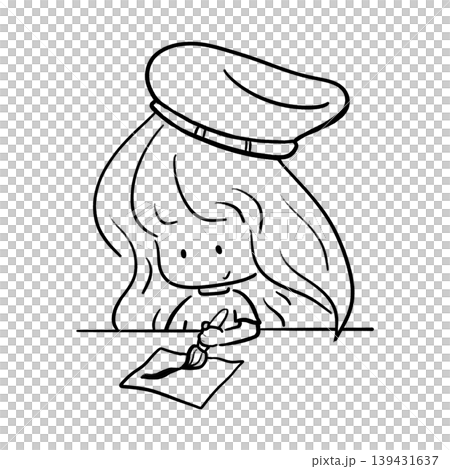 Cute girl wearing beret painting on paper cartoon outline illustration 139431637