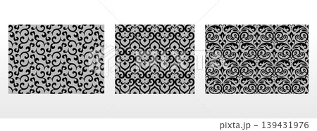 Geometric floral set of seamless patterns. Gray and black vector backgrounds. Damask graphic ornaments 139431976