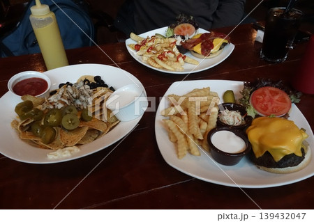 American Restaurant Meal Platter with Burgers and Fries 139432047