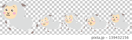 A set of illustrations depicting jumping sheep growing up while marching with their parents and companions. 139432156