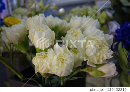 White Carnation Bouquet with Colorful Accents 139432213