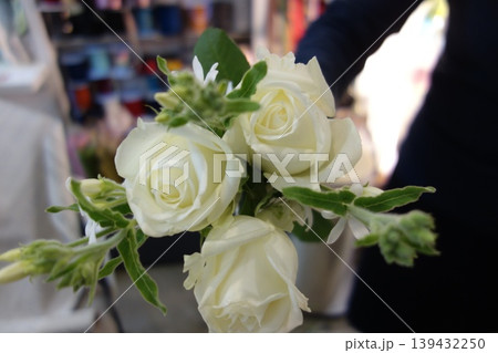 White Rose Bouquet with Greenery Close-up 139432250