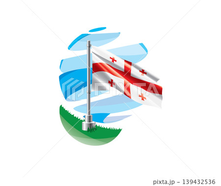 Georgian flag on a green lawn against a background of blue abstract sky 139432536