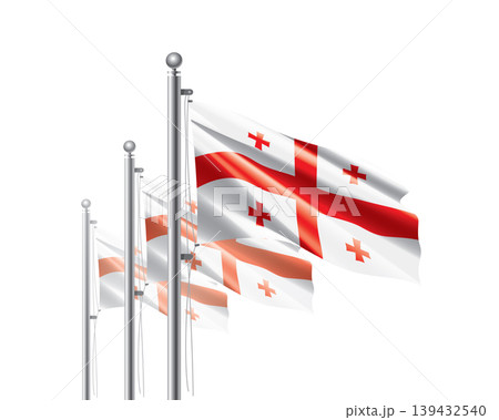 Brightly shining Georgian flags wave proudly on tall masts during official celebration events 139432540