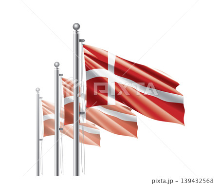 Brightly shining Danish flags wave proudly on tall masts during official celebration events 139432568