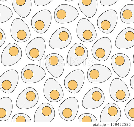 Boiled chicken egg, boiled and cut into two halves, pieces. Colored seamless pattern hand drawn illustration. Vector graphic line art. Healthy natural food, fresh ingredient, top view. Boiled chicken egg, boiled and cut into two halves, pieces. Colored seamless pattern hand drawn illustration. Vector graphic line art. Healthy natural food, fresh ingredient, top view. 139432586