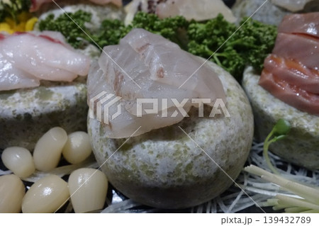 Fresh Seafood Sashimi Platter with Garnishes 139432789