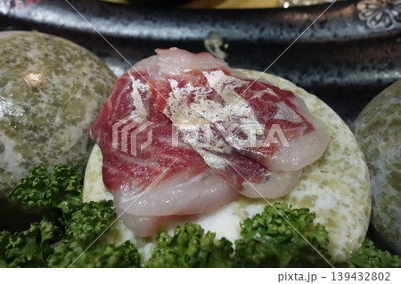 Fresh Sashimi with Garnish on Plate 139432802