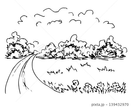Hand-drawn simple vector sketch with black outline. Suburban landscape, rural road, grass and flowers in the foreground, bushes, meadow, trees on the horizon, clouds. Hand-drawn simple vector sketch with black outline. Suburban landscape, rural road, grass and flowers in the foreground, bushes, meadow, trees on the horizon, clouds. 139432970