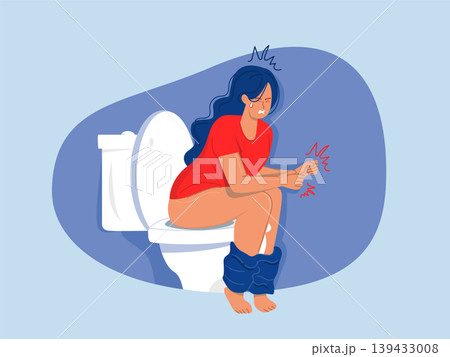 woman poops sitting on toilet and suffers,clutching her stomach in pain, and feeling dizzy, illustrating symptoms of constipation or diarrhea.vector 139433008