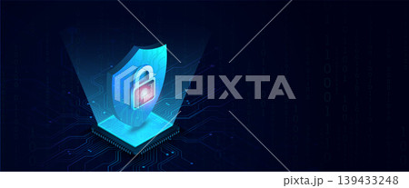 Cybersecurity shield with padlock icon on digital circuit board vector technology background Cybersecurity shield with padlock icon on digital circuit board vector technology background 139433248