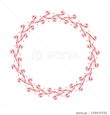 White red candy canes watercolor round frame for sweet Christmas designs. Hand drawn holiday candies circle wreath template for Happy New Year stickers, plates and labels in simple style White red candy canes watercolor round frame for sweet Christmas designs. Hand drawn holiday candies circle wreath template for Happy New Year stickers, plates and labels in simple style 139433582