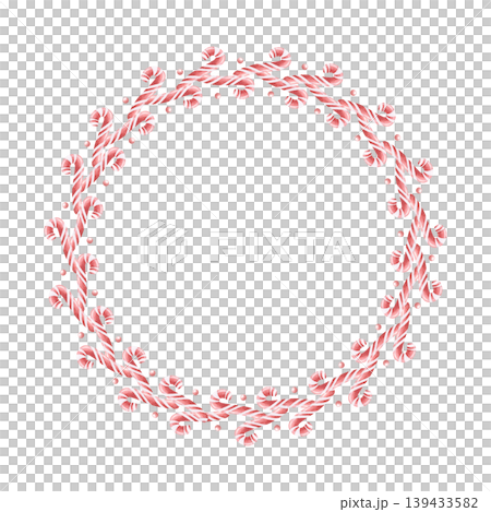 White red candy canes watercolor round frame for sweet Christmas designs. Hand drawn holiday candies circle wreath template for Happy New Year stickers, plates and labels in simple style White red candy canes watercolor round frame for sweet Christmas designs. Hand drawn holiday candies circle wreath template for Happy New Year stickers, plates and labels in simple style 139433582