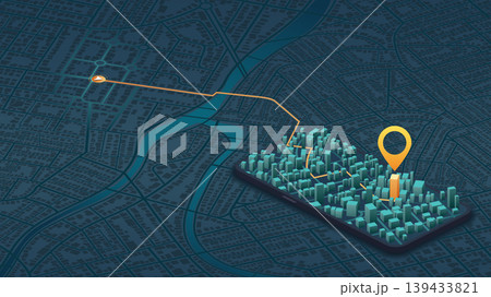 Giant mobile phone with city map on the screen. Isometric generic city map with signs. Abstract navigation plan of urban area. City streets, destination tag or mark. Editable vector illustration 139433821