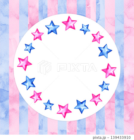 Watercolor circular frame featuring pink and blue stars on a striped textured base. Hand drawn gender reveal border perfect for baby shower invitations, announcements, and nursery holiday decor. Watercolor circular frame featuring pink and blue stars on a striped textured base. Hand drawn gender reveal border perfect for baby shower invitations, announcements, and nursery holiday decor. 139433910