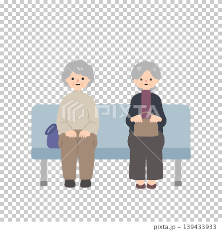 老年婦女在長椅上排隊等候的插圖 | 候診室、接待區、公共設施 老年婦女在長椅上排隊等候的插圖 | 候診室、接待區、公共設施 139433933