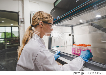 Female scientist working with test tubes inside laminar flow hood in sterile laboratory environment 139434425