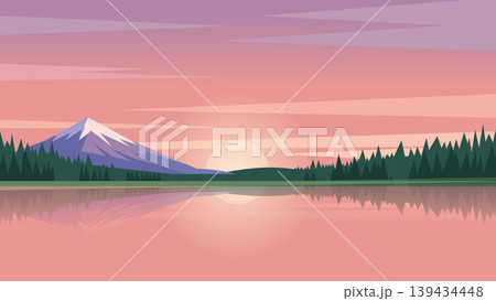 Pink Sunset Lake Flat Design Illustration Scene 139434448