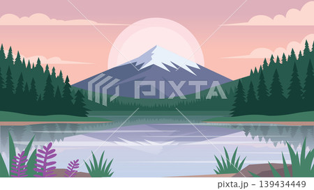 Lavender Evening Lake Flat Design Illustration Landscape 139434449