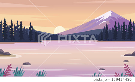 Golden Dusk Lake Flat Design Illustration Horizon 139434450