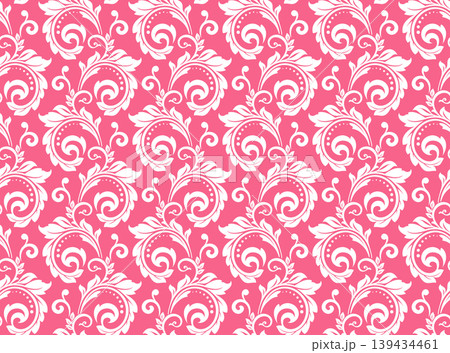 Wallpaper in the style of Baroque. White and pink floral ornament. Seamless vector background. Graphic pattern for fabric, wallpaper, packaging. Ornate Damask flower illustration 139434461
