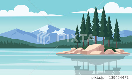 Rocky Edge Lake Flat Design Illustration Scene Rocky Edge Lake Flat Design Illustration Scene 139434471