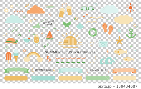 Summer illustration set: seaside, beach, vacation, summer holidays, decoration, travel, tropical, swimming, midsummer, August Summer illustration set: seaside, beach, vacation, summer holidays, decoration, travel, tropical, swimming, midsummer, August 139434687
