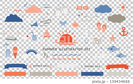 Summer illustration set: seaside, beach, vacation, summer holidays, decoration, travel, tropical, swimming, midsummer, August Summer illustration set: seaside, beach, vacation, summer holidays, decoration, travel, tropical, swimming, midsummer, August 139434688