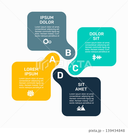 Modern square infographic design with four segments, business icons, and text placeholders. Vector illustration. 139434848