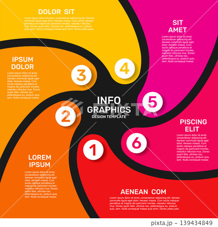 Colorful modern infographic template with six numbered steps, curved paths, and text areas. Vector illustration. 139434849