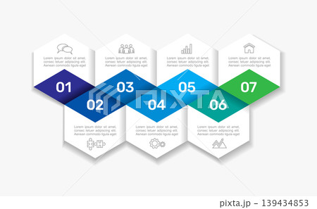 Professional seven step hexagon infographic design template with business icons and text options. Vector illustration. 139434853