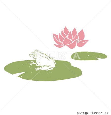 睡蓮の葉の上に座る蛙 版画風 睡蓮の花 139434944
