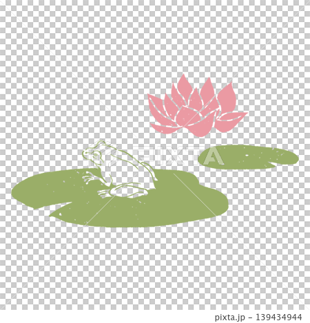 睡蓮の葉の上に座る蛙 版画風 睡蓮の花 139434944