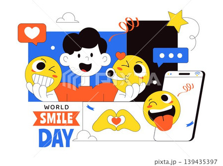 World Smile Day Vector Illustration Featuring Cute Emoji Expressions, Happiness Celebration, Social Media Reactions, And Fun Cartoon Character Design 139435397