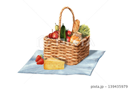 A basket of groceries on a napkin. Watercolor isolated illustration for a farmer's market or grocery store. A basket of groceries on a napkin. Watercolor isolated illustration for a farmer's market or grocery store. 139435979