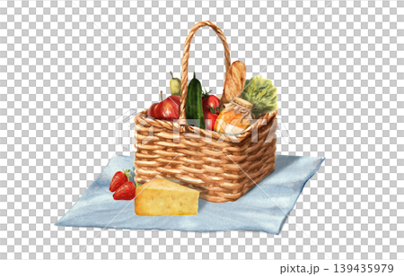 A basket of groceries on a napkin. Watercolor isolated illustration for a farmer's market or grocery store. A basket of groceries on a napkin. Watercolor isolated illustration for a farmer's market or grocery store. 139435979