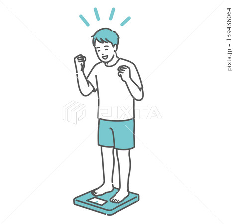 体重測定をして喜ぶ成人男性のイラスト(標準体型) 体重測定をして喜ぶ成人男性のイラスト(標準体型) 139436064