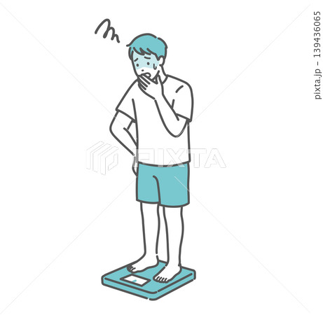 体重測定をしてショックを受ける成人男性のイラスト（標準体型） 139436065