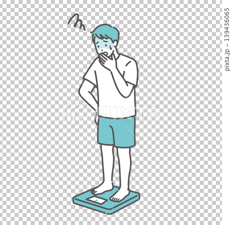 体重測定をしてショックを受ける成人男性のイラスト（標準体型） 139436065