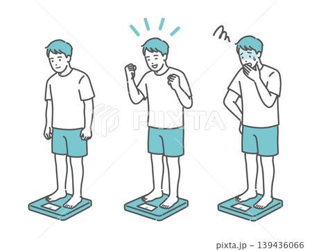 体重測定をする成人男性のイラストセット（標準体型・表情3種） 139436066