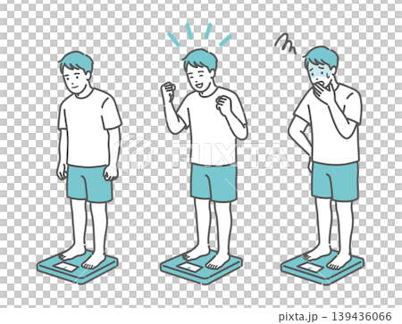 体重測定をする成人男性のイラストセット（標準体型・表情3種） 139436066