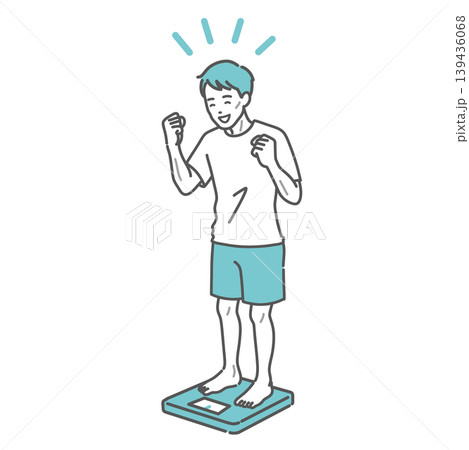 体重測定をして喜ぶ成人男性のイラスト（痩せ型） 139436068
