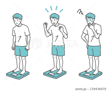 体重測定をする成人男性のイラストセット(痩せ型・表情3種) 体重測定をする成人男性のイラストセット(痩せ型・表情3種) 139436070