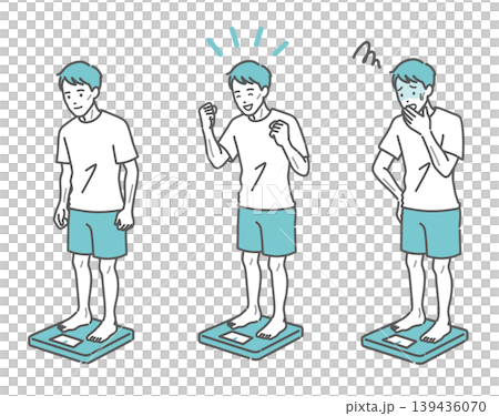 体重測定をする成人男性のイラストセット(痩せ型・表情3種) 体重測定をする成人男性のイラストセット(痩せ型・表情3種) 139436070