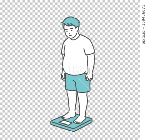 Illustration of an adult male (obese) having his weight measured. 139436071