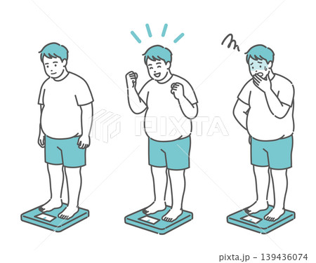 体重測定をする成人男性のイラストセット（肥満体型・表情3種） 139436074